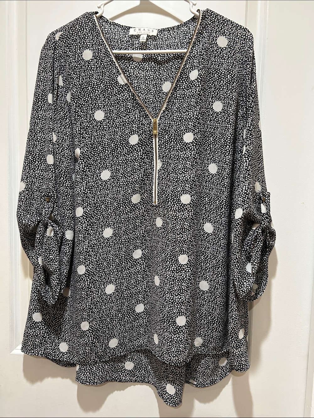 Chaus Black & White Polka Dot Zip-Front Tunic